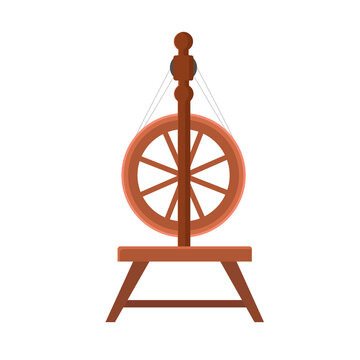 Traditional old  wooden cartoon distaff, spindle, spinning wheel.   Cartoon flat vector illustration isolated on white background.