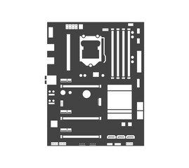 Motherboard icon. Computer hardware equipment. Chip board with microchips, semiconductor tracks.