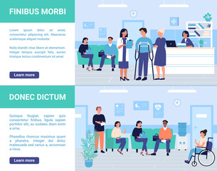 Patients people wait doctor examination in hospital or medical center vector illustration set. Cartoon man woman waiting, disabled characters sitting in wheelchair or holding crutches in medics clinic