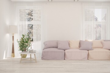 White living room with sofa and winter landscape in window. Scandinavian interior design. 3D illustration