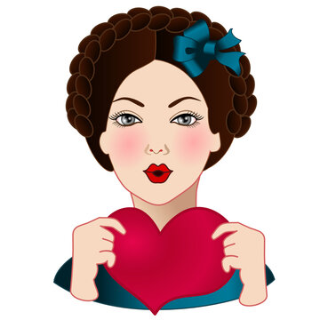 Emoticon with a funny happy woman in love that presses her hands to his chest a big red heart, vector clip art on a white isolated background