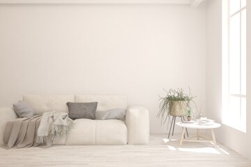 White living room with sofa. Scandinavian interior design. 3D illustration