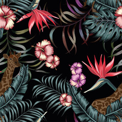 Exotic tropical plants and flowers in the jungle night with giraffe. Seamless vector illustration pattern on a black background palm leaves in trendy blue style