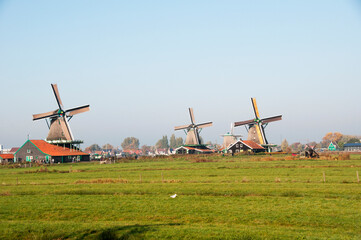 Panorama of a small village. Several wooden windmills