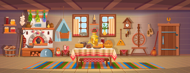 The interior of an old Russian hut with old baby cradle, russian stove, spindle, samovar, dry herbs,balalaika, matryoshka, bast shoes, jam, wooden bucket, windows, door.Old kitchen interior.Сartoon