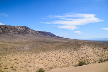 Widest view from above. Singing dune (Sand dune) in the Altyn Emel Nationalpark, Kazakhstan