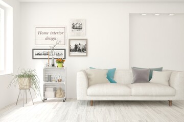 White living room with sofa. Scandinavian interior design. 3D illustration