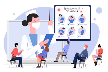 Online medical lecture about covid19 vector illustration. Cartoon lecturer character teaching students from laptop screen, talking about coronavirus symptoms on medicine webinar isolated on white
