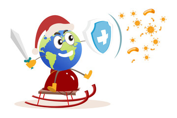 Cure the corona virus. Earth in Christmas and New Year holidays against virus concept. corona virus vaccine concept. end of 2019-ncov. vector illustration