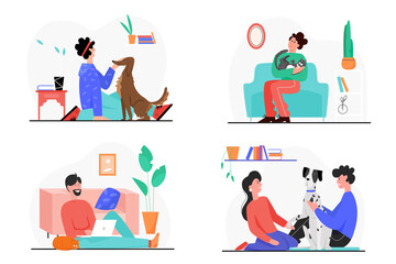 People owner love and care own pets vector illustration set. Cartoon man woman characters sitting on floor or comfortable home sofa hugging and loving dog or cat domestic animal isolated on white