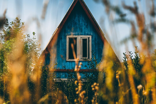 Triangular abandoned house in the field. Blue triangular house in nature in golden ears