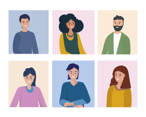 Portraits of people. Men and women of different nationalities in everyday life. vector flat illustration.