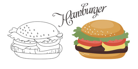 Hamburger with cutlet, tomatoes, cheese and fresh salad.Vector color illustration and burger sketch hand drawing. for menu, postcard or page coloring.