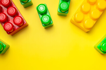 Multicolored plastic kids constructor on yellow background. Colored children's bricks for construction. Flat lay top view copy space. Plastic building blocks background. Developing toys, game