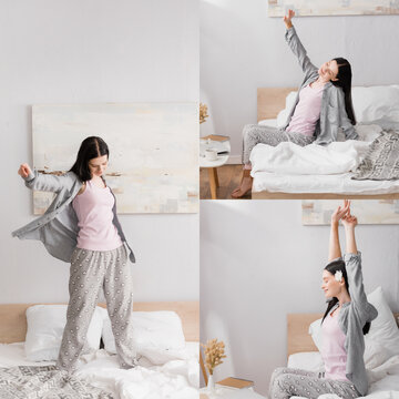 collage of woman with vitiligo stretching in bedroom