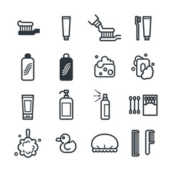 Toiletries vector icon set. Signage for things in the toilet in flat thin linear line style. Included toothbrush, toothpaste, shampoo and conditioner bottle, sponge, soap, spray, foam and cotton buds.
