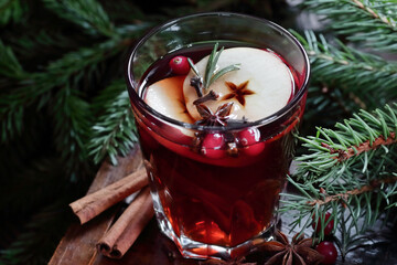 Mulled red wine with cranberry, apple and spices: anise, cinnamon, rosemary and cloves on dark moody black background and fir branches, winter christmas coctail, holiday hot drink, closeup