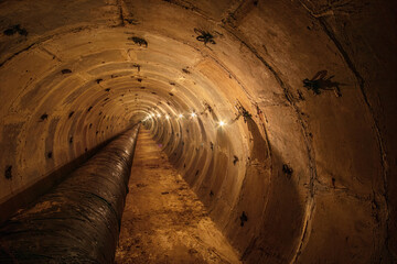 Long underground round concrete tunnel with a pipe, lit by incandescent lamps. Underground tunnel...
