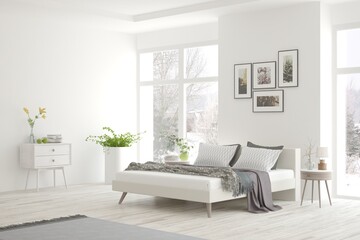 Stylish bedroom in white color with winter landscape in window. Scandinavian interior design. 3D illustration