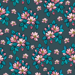 Seamless pattern with pink rose hips painted with gouache on a dark gray background. For wrapping paper, wallpaper, textiles, fabrics, postcards and more.