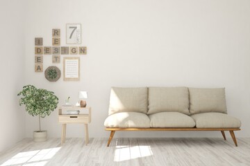 White living room with sofa. Scandinavian interior design. 3D illustration