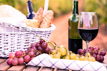 glass of red wine ripe grapes and picnic basket  in vineyard