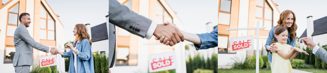 Collage of broker and woman shaking hands and girl taking keys near sign with sold lettering, banner