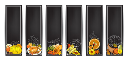Vector chalk Thanksgiving horizontal banners set with turkey, pumpkin pie, cornucopia, colorful pumpkins, other vegetables, fruits, berries, White outline and leaves.