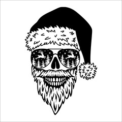 Santa's skull with a hat and glasses. Bad santa silhouette isolated on white background. Male Skull with mustache beard and sata hat. Christmas Vector illustration. Horror, evil and humor.
