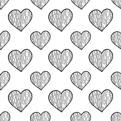 Cute hearts seamless pattern with red lines. Nice, funny drawing. Vector.