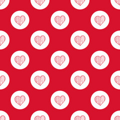 Seamless pattern of red hearts in a circle on a red background. Nice, funny drawing. Vector.