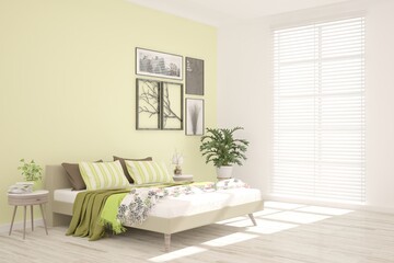 White bedroom interior. Scandinavian design. 3D illustration