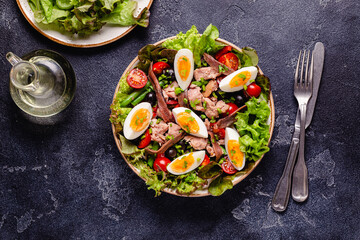 salad Nicoise with tuna, eggs, green beans, tomatoes,  olives, lettuce and anchovies