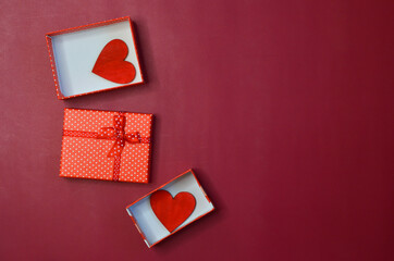 Holiday greeting card for Valentine's day and wooden decor in the shape of a red heart top view...