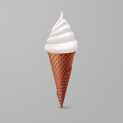 Soft Ice Cream in Brown Waffle Cone. Street Fast Food, Sweet Milky Dessert Creative illustration Isolated on Gray Background