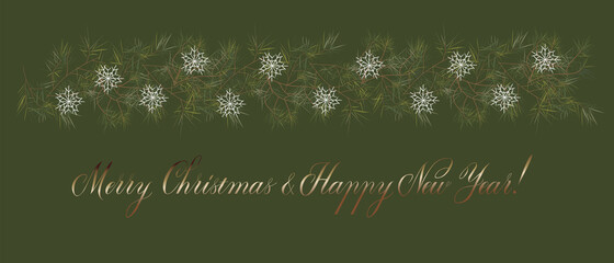 Christmas card. Vector illustration of Christmas tree branches and snowflakes. Great for greeting cards, banners, flyers