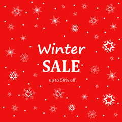 Naklejka na ściany i meble Banner wimnter sale with snowflakes on red background. Vector illustration