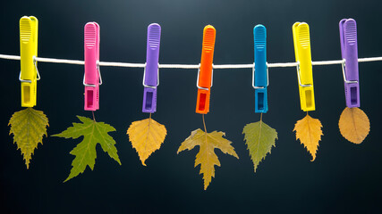 autumn dry leaves hang on colored clothespins