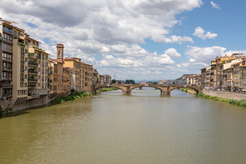 Panoramic view of Florence city and river Arno with bridge in Italy