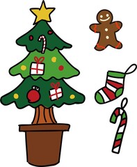 クリスマスツリーとジンジャークッキーとオーナメントのイラスト