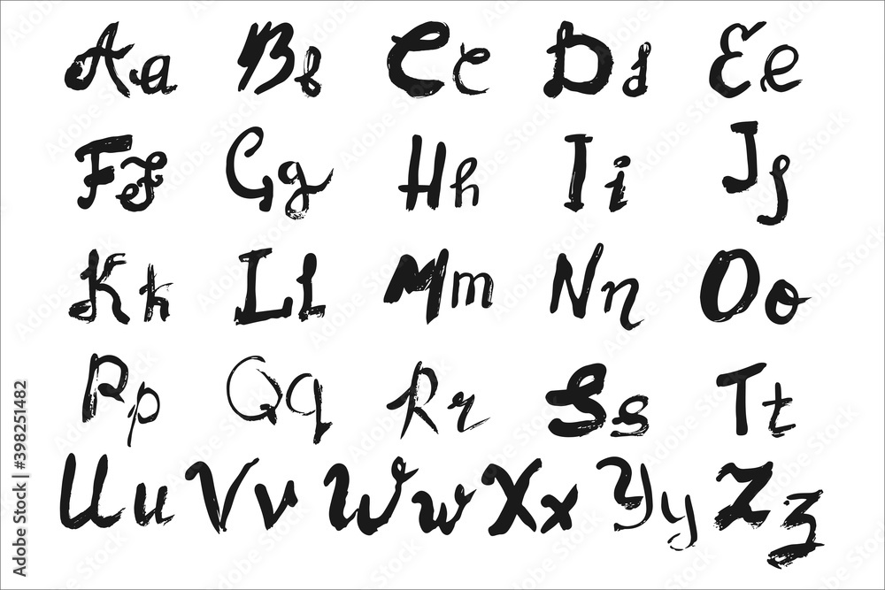 Poster english alphabet drawn with brush. calligraphic handwriting alphabet drawn in black letters on a whi