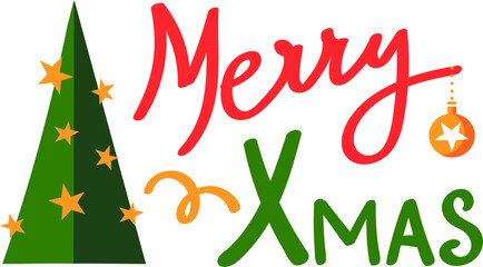 Merry Xmas isolated lettering minimal poster. Gold Christmas ball and green fir tree with stars, vector illustration. 
