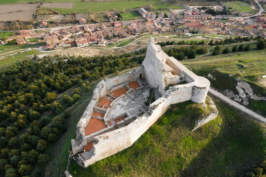 Aerial view of the ruins of an ancient medieval castle in Castrojeriz, Burgos, Spain. High quality photo.
