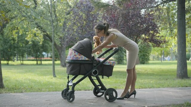 Wide shot side view of elegant young mother in eyeglasses and dress talking to infant in baby stroller showing teddy bear. Confident positive Caucasian woman on high-heels in summer park with child.
