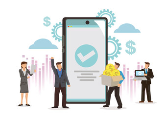 Business people with a giant smartphone with a approved tick.