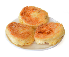 Delicious cheesecakes for breakfast on white background