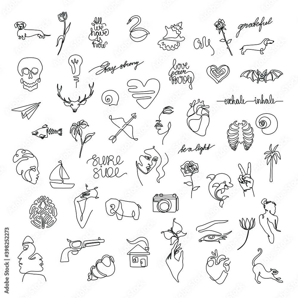 Sticker small tattoo set, sticker design pack, flash tattoo continuous line drawing, abstract print for clot