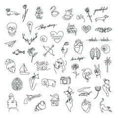 Small tattoo set, sticker design pack, flash tattoo continuous line drawing, abstract print for clothes and logo design, emblem or logo design, isolated vector illustration.