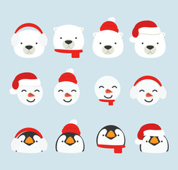 Cute cartoon arctic heads christmas set