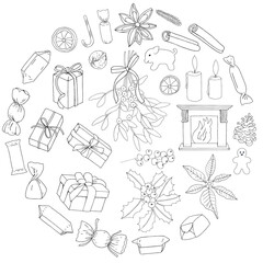 Christmas party outline elements set of traditional symbols. Vector hand drawn illustration.